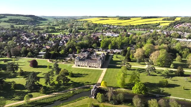 Wilton House from a drone, Wilton, River Nadder, Salisbury, Wiltshire, England, United Kingdom