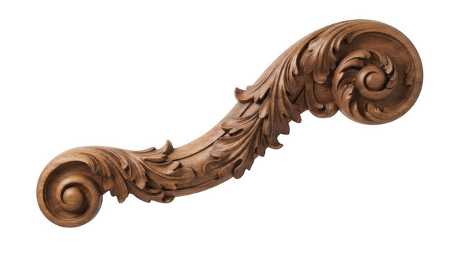Ornate wooden architectural scroll molding with intricate acanthus leaf carvings, isolated on transparent background