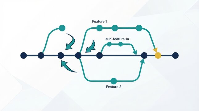 A software developer works with a Git branching tree in a tech workspace. The illustration shows features and sub-features in coding tasks.