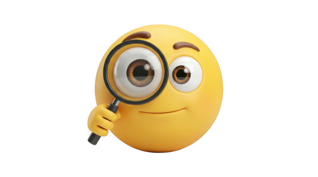 A 3d rendering of a yellow emoji character holding a magnifying glass in front of its eye, isolated on transparent background