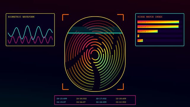 Digital fingerprint scans illustrate silicon security protocols with glowing circular ridge patterns and wave charts flickering across a dark interface screen inside a modern monitoring control room