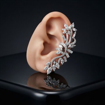Luxury diamond ear cuff on mannequin ear, elegant jewelry, black background