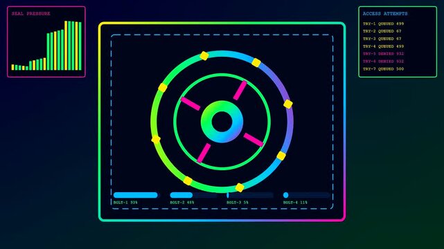 A circular silicon security interface displays shifting holographic gauges and vibrant bar charts tracking data entry metrics across three distinct panels in this digital computing sequence
