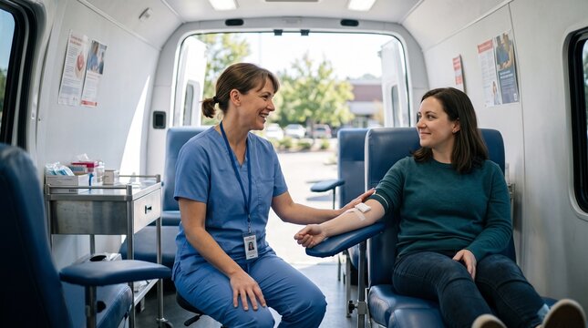 Nurse assists smiling donor during blood donation in mobile clinic van for Blood Donor Month