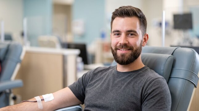 Smiling man donating blood during Blood Donor Month, a selfless act of saving lives in a medical facility