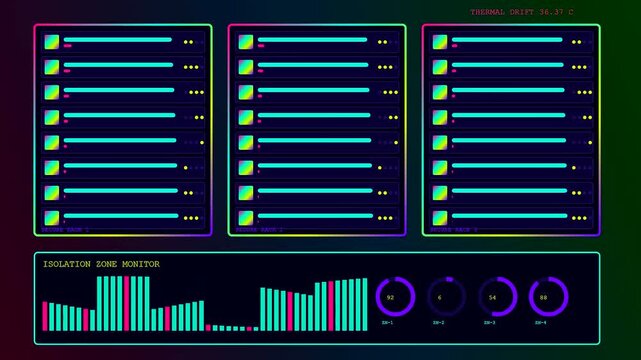 Displaying silicon security metrics across triple monitor arrays featuring glowing neon data dashboards and fluctuating digital bars within a dark interface of server monitoring software systems