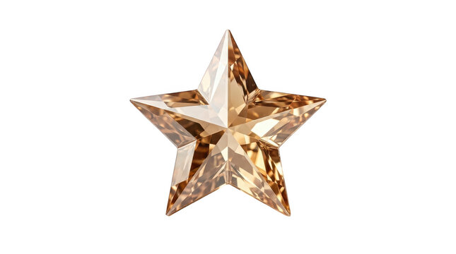 A golden faceted crystal star shaped gemstone, isolated on transparent background