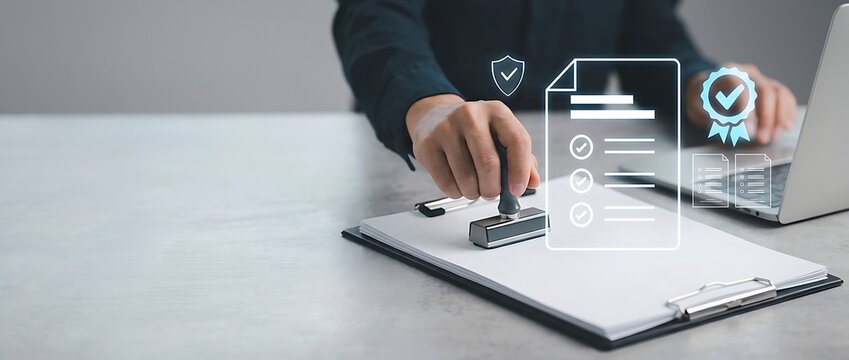 Business professional hand using a physical stamp on official document with digital quality assurance icons, representing certification, regulatory compliance, and verified security agreement.
