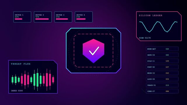 A sophisticated silicon security interface featuring glowing vibrant checkmark icons set against a dark purple digital display with oscillating graphical data streams and fluctuating bar charts