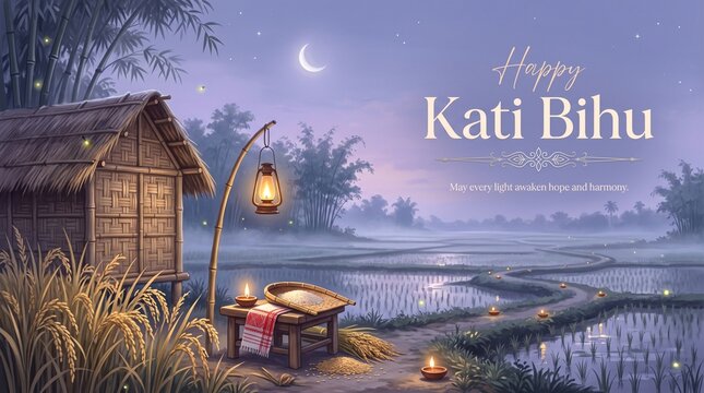 Kati Bihu Assamese Village Courtyard Greeting Banner