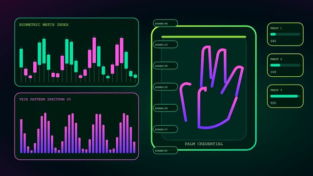 Digital displays showing silicon security palm authentication protocols within a virtual user interface featuring neon glow light graphs and abstract bio scanning lines for modern computing systems
