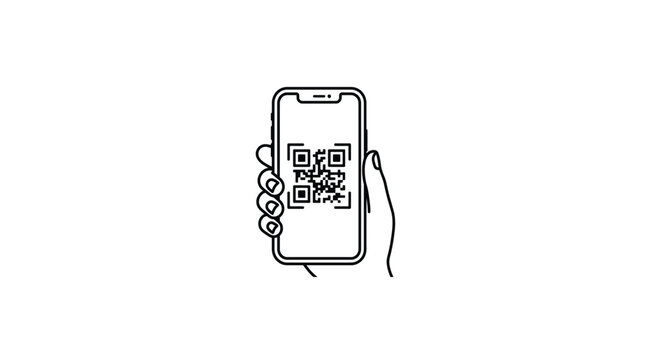 Minimalist line art illustration showing human hands holding smartphone with scannable quick response code on screen