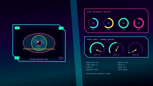 Display of silicon security monitoring nodes featuring circular graphical data points and eye anatomy visualization elements shown across a triplet grid frame with dark purple hues