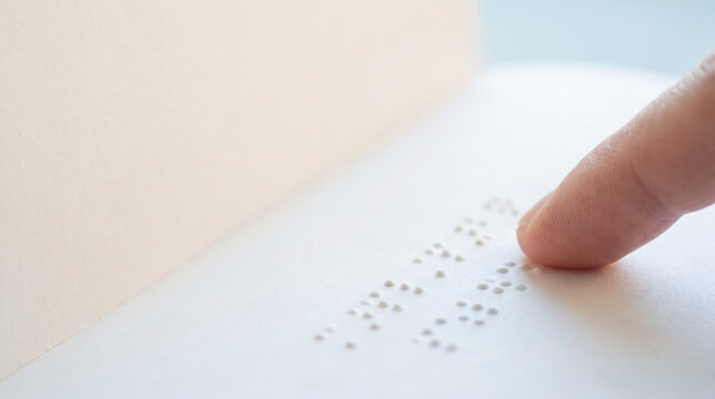 Close up of a human finger reading embossed braille text on white paper