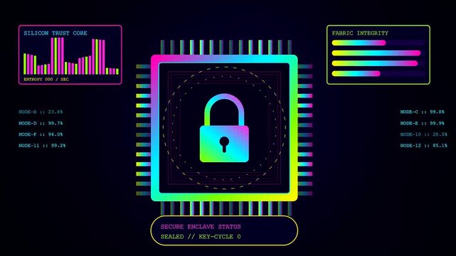 Complex silicon security layers are displayed on a dark glowing monitor showing various data analytics panels with fluctuating neon lights that indicate a secure system status