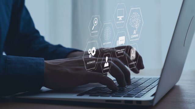 AI learning system involves deep learning, supervised machine learning, and natural language processing. AI learning diagram shows how AI advances learn in automation and data processing. Elide
