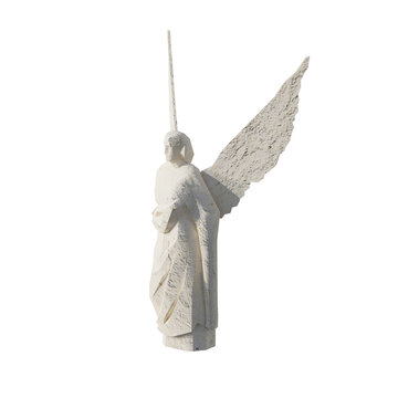 A white stone sculpture of an angel with a single wing isolated on a white background.