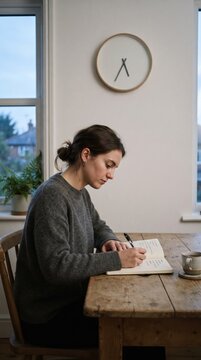 Young woman writing in a journal at a wooden table with a cup of tea and a clock on the wall
