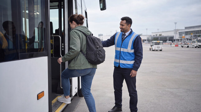 Airport staff assisting a backpack traveler boarding a shuttle bus
