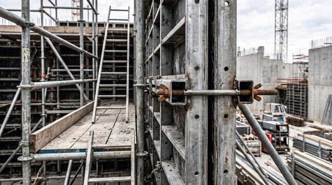 Concrete formwork secured by threaded tie rod at construction site. Scaffolding beside unfinished concrete structure. Building industry and civil engineering. Infrastructure development.