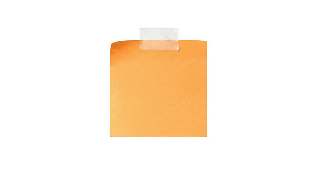 Blank orange sticky note paper with transparent adhesive scotch tape, empty square memo reminder pad for office message, todo list and notice isolated on transparent background