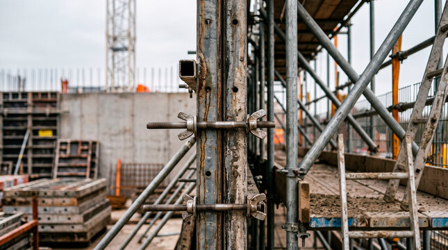 Steel formwork and scaffolding assemble a concrete structure at a construction site. Building construction and structural engineering. Infrastructure development and industrial worksite.