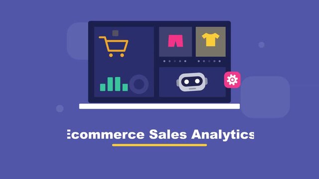Ecommerce sales analytics video footage showcasing interactive dashboard elements, retail charts, graphs, and modern shopping icons animation