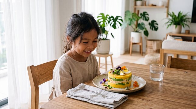 Young Girl Enjoying Artfully Plated Peruvian Causa Rellena in Editorial Kitchen