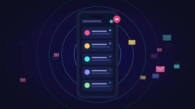 Smartphone displaying notification feed with floating email icons and radar waves in animated motion footage clip