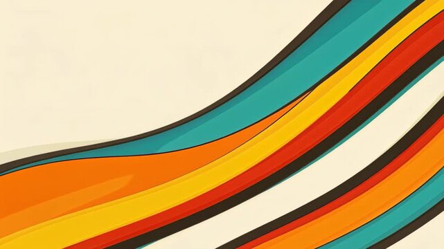 Retro Wave Pattern: A vibrant and nostalgic abstract pattern featuring flowing, wavy stripes in warm, retro color palettes of orange, yellow, red, and teal on a cream background.