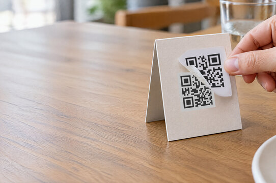 Customer Lifts a Fake QR Code Sticker from a Restaurant Table Menu Before Ordering, with Copy Space for a Scam Alert