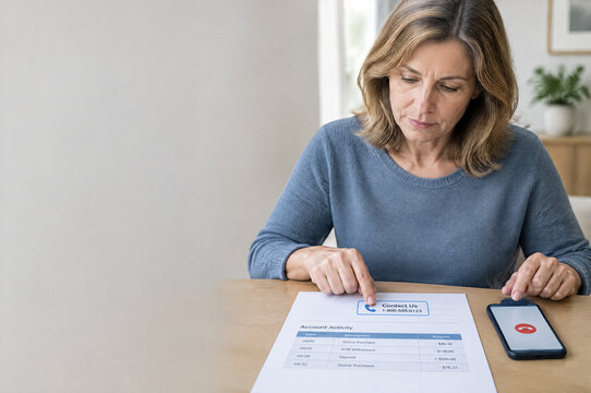 Woman Checks the Bank Statement for an Official Phone Number After Ending a Suspicious Fraud Call, with Copy Space