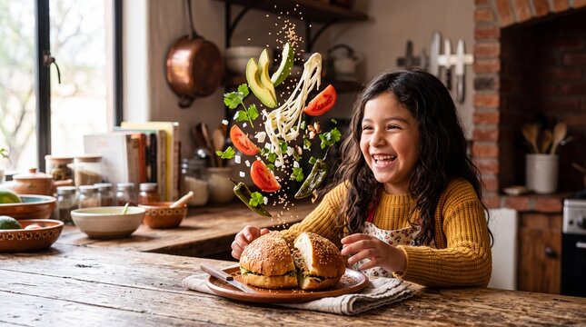 Joyful Hispanic Girl Catching Fresh Ingredients Around a Traditional Cemita Poblana