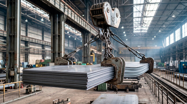 Overhead crane lifting stacked metal sheets inside a factory. Metal fabrication and manufacturing. Heavy material handling and industrial logistics. Steel processing and warehouse operations