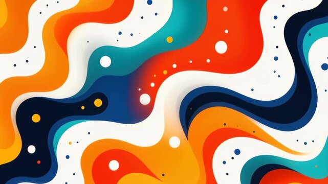 Vibrant Fluidity: An abstract composition bursts with dynamic waves of color, featuring organic shapes in hues of orange, blue, teal, and red, punctuated by playful white and dark blue dots.