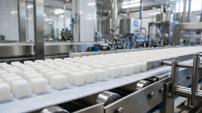Sugar cubes moving along conveyor belt in food processing factory. Industrial sugar production and automated manufacturing. Food processing, packaging line and quality control.