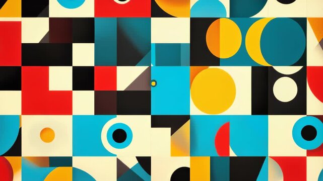 Geometric Harmony: A vibrant abstract composition featuring a dynamic interplay of geometric shapes like squares, circles, and triangles in a palette of bold colors.