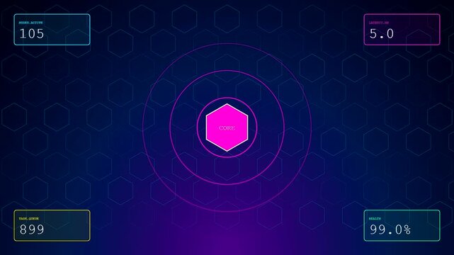 Pipeline automation processes function across three glowing hexagonal interfaces displaying numeric values and fluctuating light pulses that radiate outwards in a dark digital space environment