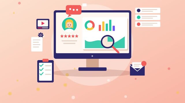 Animated video footage showing computer screen with SEO optimization analytics charts and digital marketing data elements