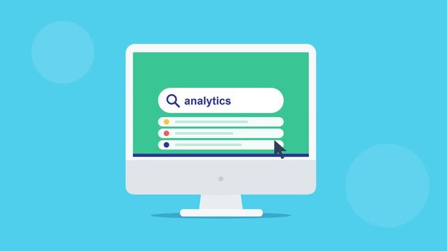 Computer monitor displaying search bar animation typing analytics with cursor clicking in digital video clip footage