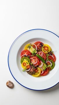 Minimalist Malagasy Lasary Voatabia Heirloom Tomato Salad on White Plate with Copy Space