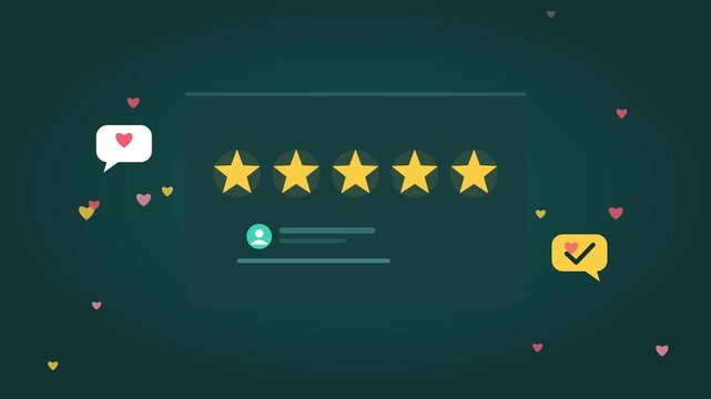 Five star customer review rating animation with glowing gold symbols and feedback hearts in vector video footage