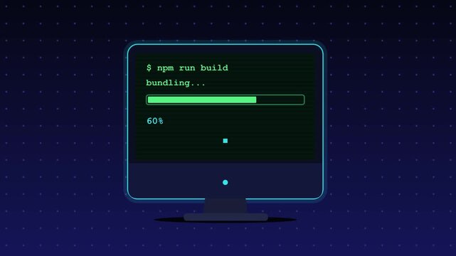 Computer screen displaying command line interface running software build progress bar and success message video motion clip