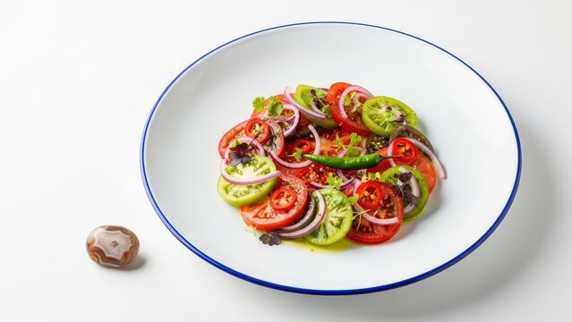 Minimalist Malagasy Lasary Voatabia Heirloom Tomato Salad on White Plate with Copy Space