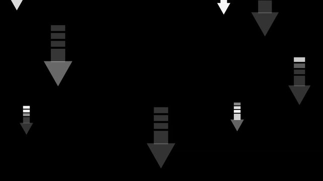 Abstract digital motion footage featuring descending arrows in varying shades of grey on a dark background