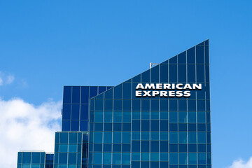 Naklejka premium Toronto, Ontario, Canada - October 4, 2026: American Express Canada corporate headquarters in Toronto, Ontario, Canada. American Express Company (Amex) is an American bank holding company that special