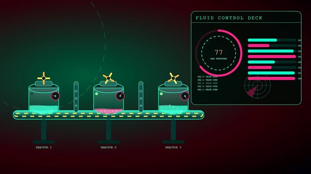 Industrial pipeline automation software displays liquid chemicals moving through glass reactors in a digital interface setting captured as a motion graphic for modern plant control systems