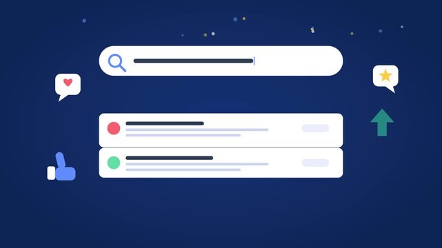 Digital search bar and website interface elements floating with animated icons in motion video clip