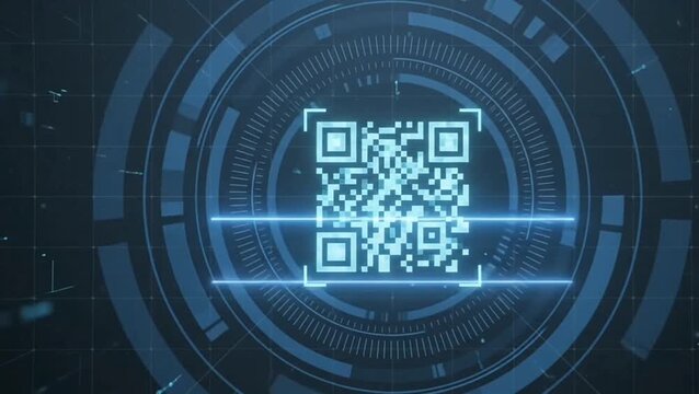 Futuristic technology video footage of a glowing QR code being scanned with a laser beam inside a digital HUD cyber interface. Data security and scanning stock video.   