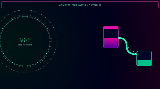 Digital pipeline automation visual sequence showing data flow transfers between graphical containers on a dark screen interface with glowing neon lines and circle metrics display